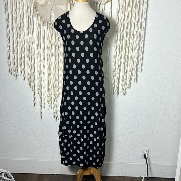 Gershon Bram Lagenlook Black with Gray Polka Dot Accent Midi Dress Size Small - Picture 1 of 11